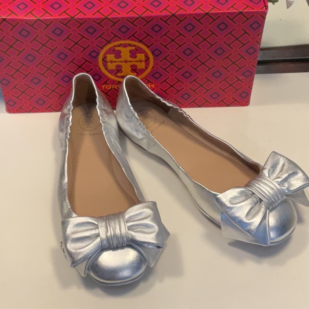 Tory Burch Silver Flats with Bow Detail